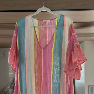 Pitusa Pink & Blue Multicolor Striped V-Neck Tunic with Ruffle Sleeves NWT